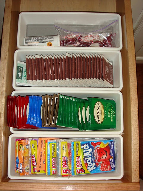 Best way to organize kitchen drawers with tea and coffee pods. -- Easy DIY small kitchen organization ideas and storage tips for your cabinets, your countertops, under your sink and in your pantry! I'll bet you could go to the dollar store or dollar tree and do these projects for cheap. These hacks are great for apartments! Listotic.com  