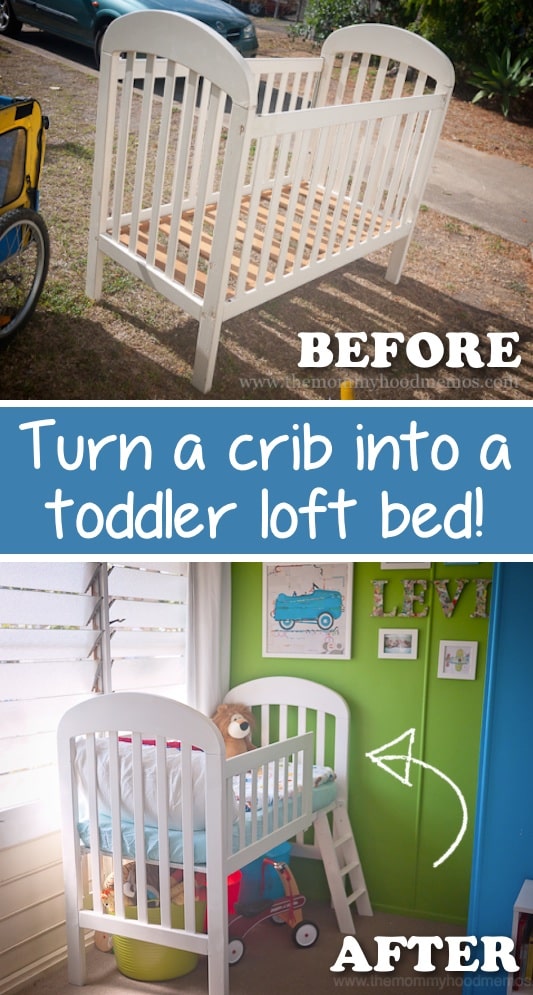 Repurpose that old crib and easily turn it into a toddler bed! -- Easy DIY furniture makeovers and ideas! A lot of repurposed thrift store projects and chalk paint ideas so that you can do it for cheap. Before and after photos of dressers, tables, shelves, tv stands and more! For bedrooms and living rooms. Listotic.com