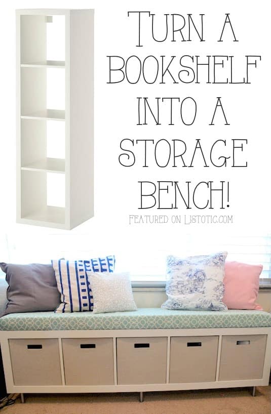 Turn a bookshelf into a cute storage bench! Easy DIY furniture makeovers and ideas! A lot of repurposed thrift store projects and chalk paint ideas so that you can do it for cheap. Before and after photos of dressers, tables, shelves, tv stands and more! For bedrooms and living rooms. Listotic.com