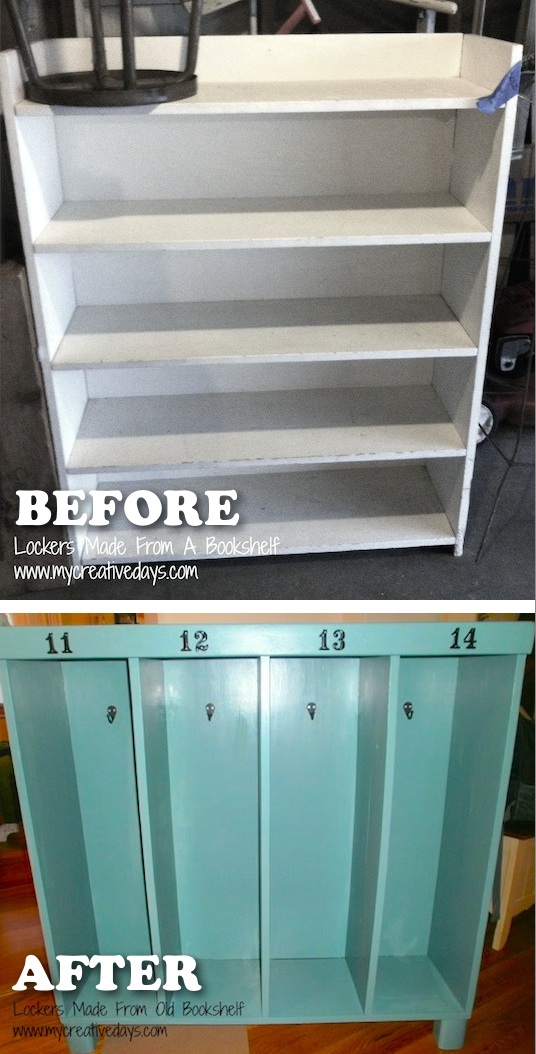 Turn an old book shelf into a mini mud room for kids. -- Easy DIY furniture makeovers and ideas! A lot of repurposed thrift store projects and chalk paint ideas so that you can do it for cheap. Before and after photos of dressers, tables, shelves, tv stands and more! For bedrooms and living rooms. Listotic.com