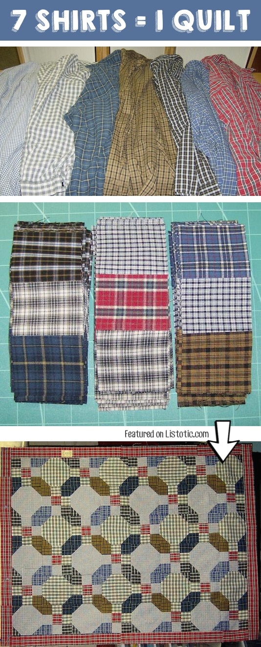 Make a quilt out of old shirts! -- Easy DIY craft ideas for adults for the home, for fun, for gifts, to sell and more! Some of these would be perfect for Christmas or other holidays. A lot of awesome projects here! Listotic.com