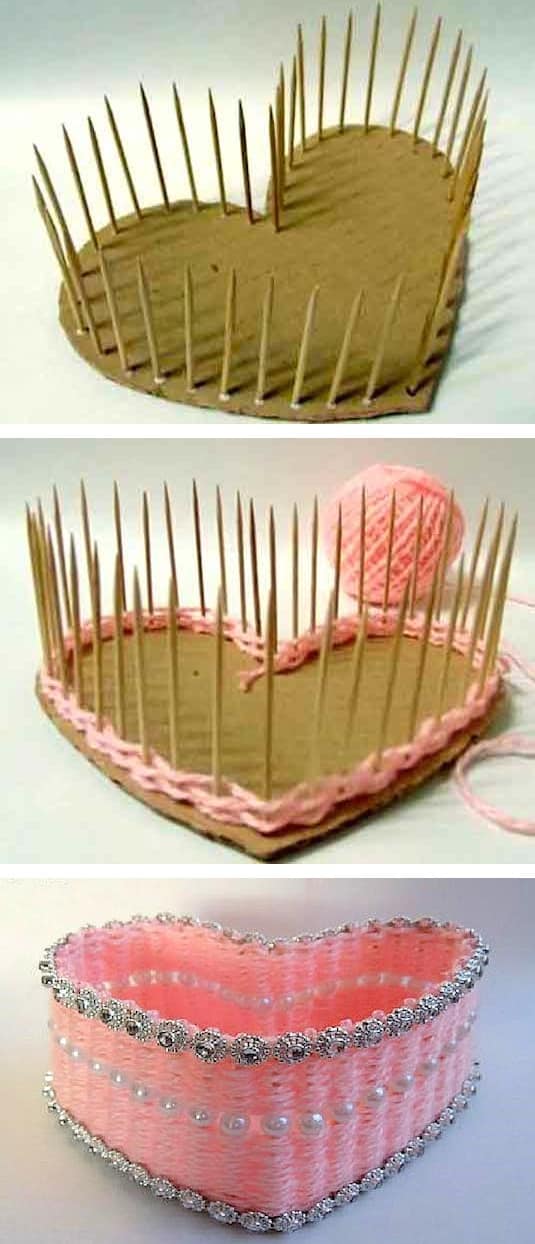 DIY Heart-Shaped Basket... cute project for Valentine's Day! | Easy DIY craft ideas for adults for the home, for fun, for gifts, to sell and more! Some of these would be perfect for Christmas or other holidays. A lot of awesome projects here! Listotic.com