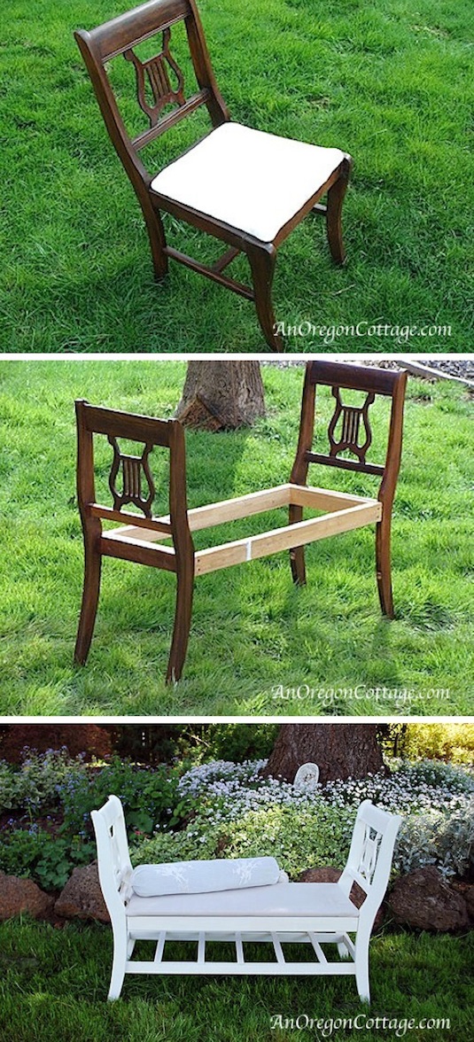 How to turn chairs into a bench. -- Easy DIY furniture makeovers and ideas! A lot of repurposed thrift store projects and chalk paint ideas so that you can do it for cheap. Before and after photos of dressers, tables, shelves, tv stands and more! For bedrooms and living rooms. Listotic.com