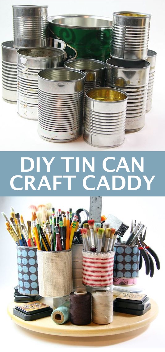 DIY craft caddy made out of tin cans! -- Easy DIY craft ideas for adults for the home, for fun, for gifts, to sell and more! Some of these would be perfect for Christmas or other holidays. A lot of awesome projects here! Listotic.com