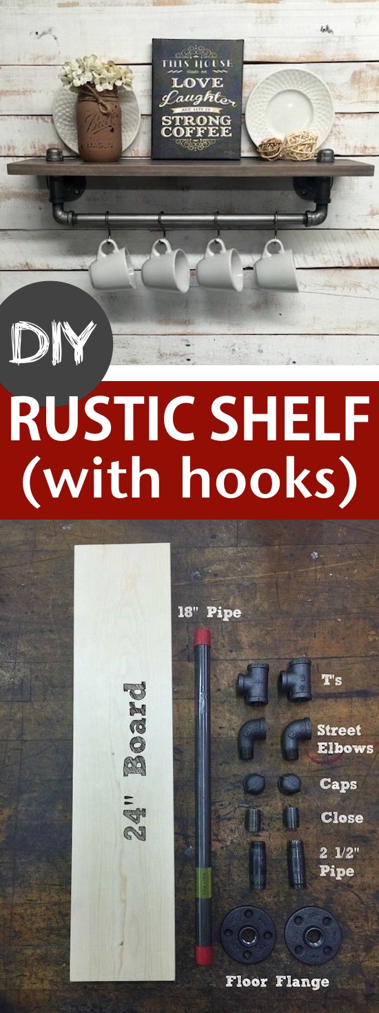 DIY wall shelf idea with hooks! This homemade rustic shelf would look nice in any room of the house. -- A list of furniture makeovers (lots of before and after photos). Listotic.com