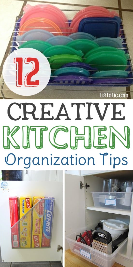 Easy DIY small kitchen organization ideas and storage tips for your cabinets, your countertops, under your sink and in your pantry! I'll bet you could go to the dollar store or dollar tree and do these projects for cheap. These hacks are great for apartments! Listotic.com 