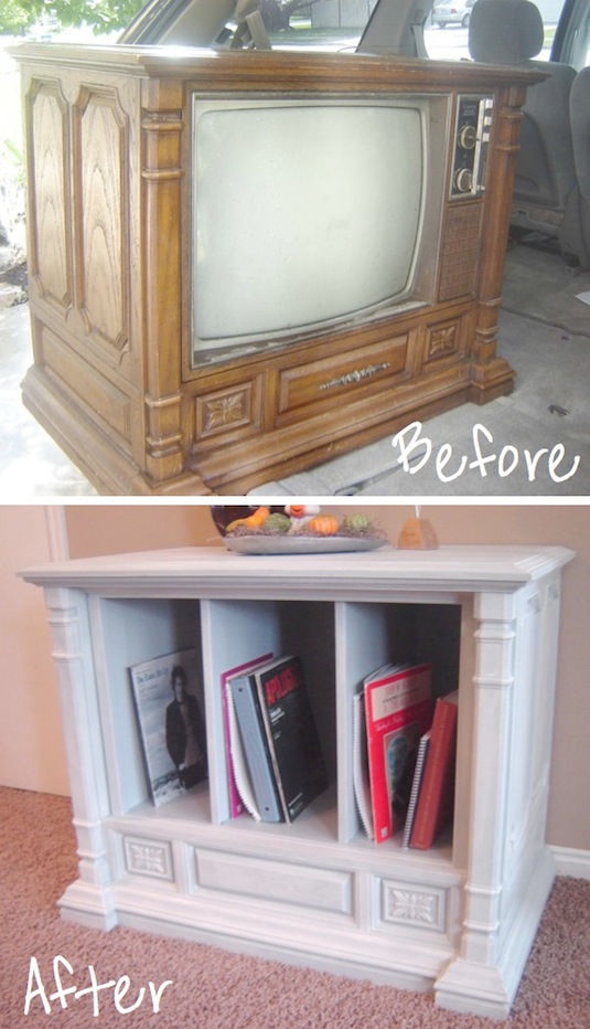 An old TV turned into a living room hutch!! -- Easy DIY furniture makeovers and ideas! A lot of repurposed thrift store projects and chalk paint ideas so that you can do it for cheap. Before and after photos of dressers, tables, shelves, tv stands and more! For bedrooms and living rooms. Listotic.com