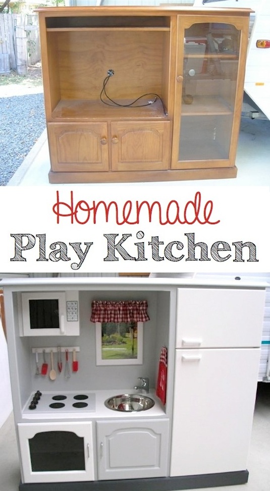 DIY Easy Homemade Play Kitchen from old furniture. -- Easy DIY furniture makeovers and ideas! A lot of repurposed thrift store projects and chalk paint ideas so that you can do it for cheap. Before and after photos of dressers, tables, shelves, tv stands and more! For bedrooms and living rooms. Listotic.com