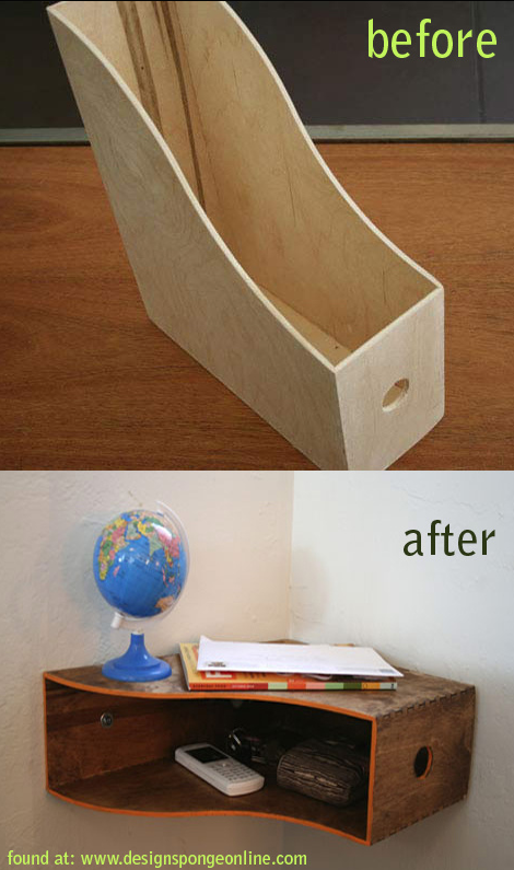 Wall shelf made out of a magazine rack. (small space idea) -- Easy DIY furniture makeovers and ideas! A lot of repurposed thrift store projects and chalk paint ideas so that you can do it for cheap. Before and after photos of dressers, tables, shelves, tv stands and more! For bedrooms and living rooms. Listotic.com