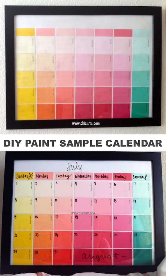 DIY Paint Sample Craft: A reusable calendar! Perfect for kids or teens! -- Easy DIY craft ideas for adults for the home, for fun, for gifts, to sell and more! Some of these would be perfect for Christmas or other holidays. A lot of awesome projects here! Listotic.com