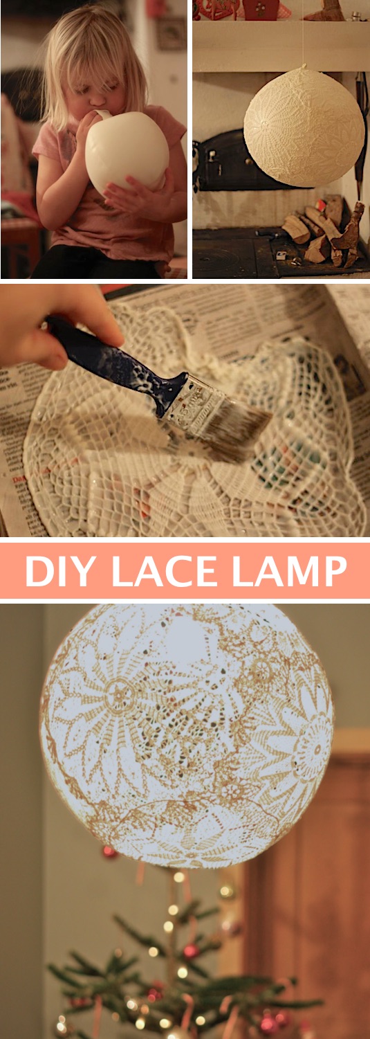 Vackra DIY Lace Lamp gjord med en ballong och doilies! -- Lätta DIY-hantverksidéer för vuxna för hemmet, för skojs skull, som gåvor, för att sälja och mycket mer! Några av dessa skulle passa perfekt till jul eller andra helgdagar. Många fantastiska projekt här! Listotic.com