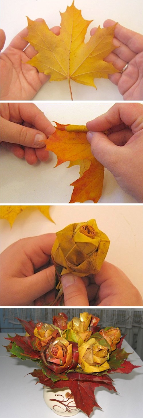 A super fun fall craft! DIY leaf rose bouquet. -- Easy DIY craft ideas for adults for the home, for fun, for gifts, to sell and more! Some of these would be perfect for Christmas or other holidays. A lot of awesome projects here! Listotic.com