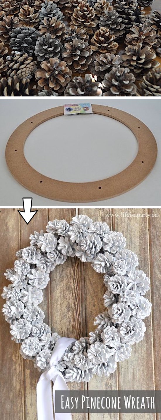 Easy DIY Pinecone Wreath Craft Tutorial -- such an easy DIY Fall or Christmas decor idea! Ten łatwy projekt jest super tani i łatwy do wykonania. 