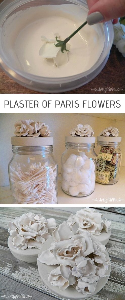 Plaster of Paris Flowers -- DIY craft projects for adults and teens! This is a super fun idea for plaster of paris. What a creative home decor idea! A great use for old jars. 