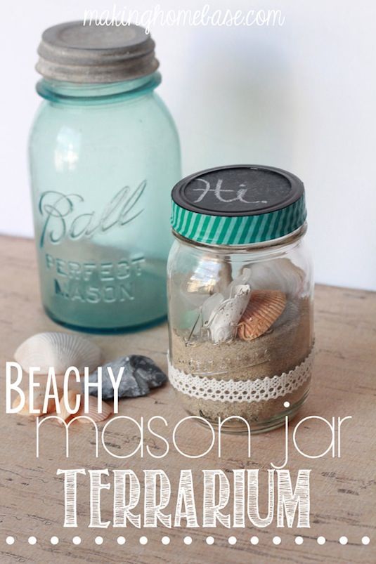 20 Of The Best Mason Jar Projects | A beach bottle keepsake! Perfect place to showcase all of your vacation finds.