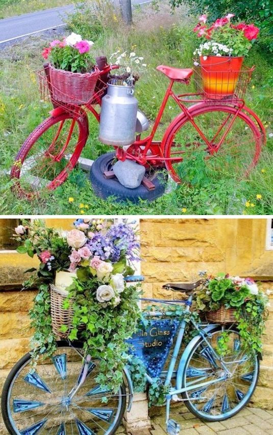 Uma bicicleta vintage é uma maneira lunática de mostrar suas plantas em vaso. Deixe-o como está, ou personalize para combinar com o tema do seu jardim.