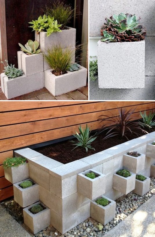 Blocos de concreto Os blocos de concreto empilhados têm compartimentos separados que são ideais para uma variedade de plantas. Você pode empilhar e construí-los para criar um muro ou se encaixar em um espaço personalizado.