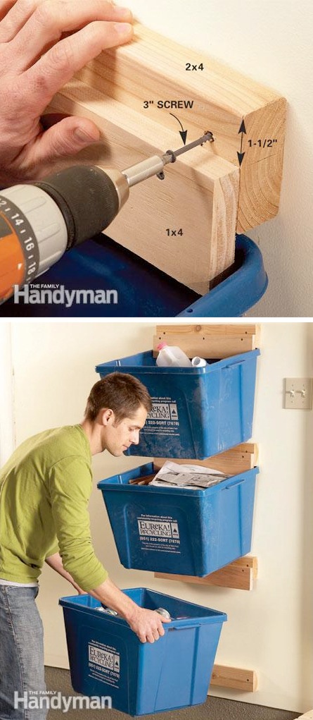 Create Recycle Bin Hangers -- A ton of cheap inspiration to get you organized. Everything from shelves to tools! Men AND women will love these tips and tricks. Listotic.com