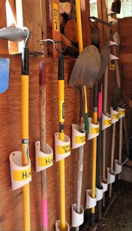 PVC Organizers for your garage or shed. -- A ton of cheap inspiration to get you organized. Everything from shelves to tools! Men AND women will love these tips and tricks. Listotic.com