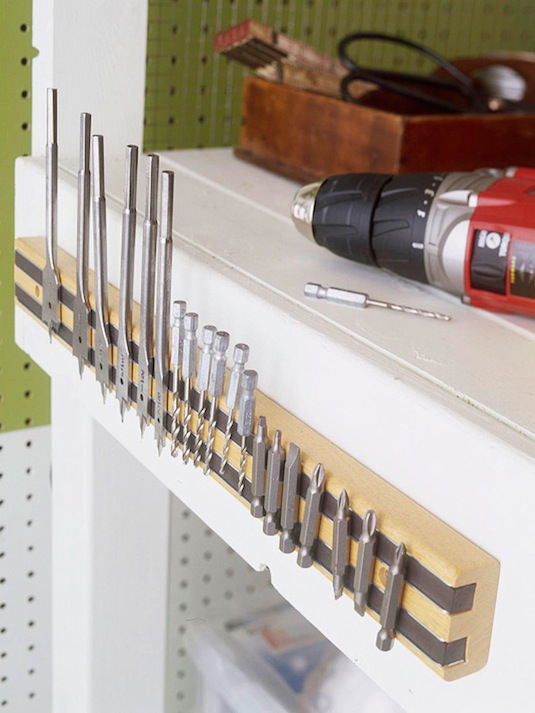 28 Organization Ideas | Use a magnet strip to hold drill bits, screws, wrenches, etc...