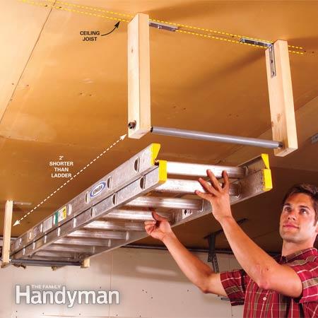 28 Brilliant Garage tips | Out-of-the-way ladder storage