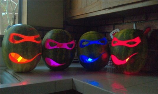 20 Cool Glow Stick Ideas | Use glow sticks in your halloween pumpkins instead of candles -- or make these glowing ninja turles out of watermelons!!