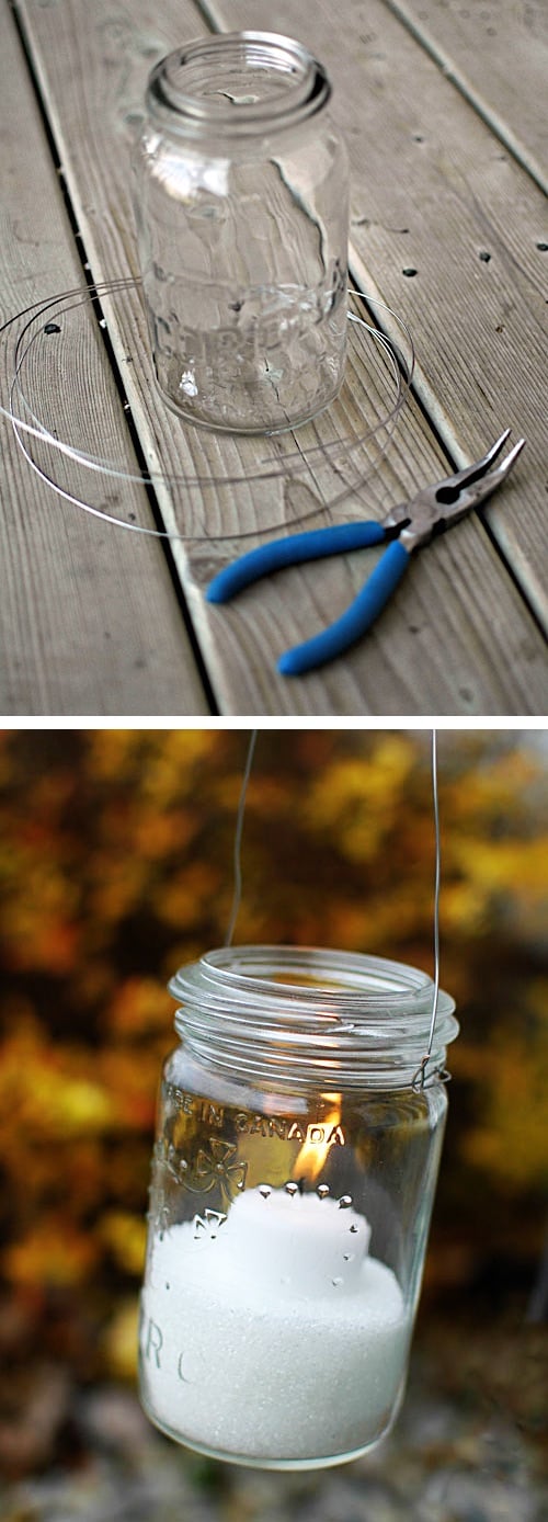 Mason jar hanging candle lanterns. -- DIY mason jar crafts and ideas for Christmas, holidays, gifts, home decor and more! Kids and teens love these projects! Listotic.com