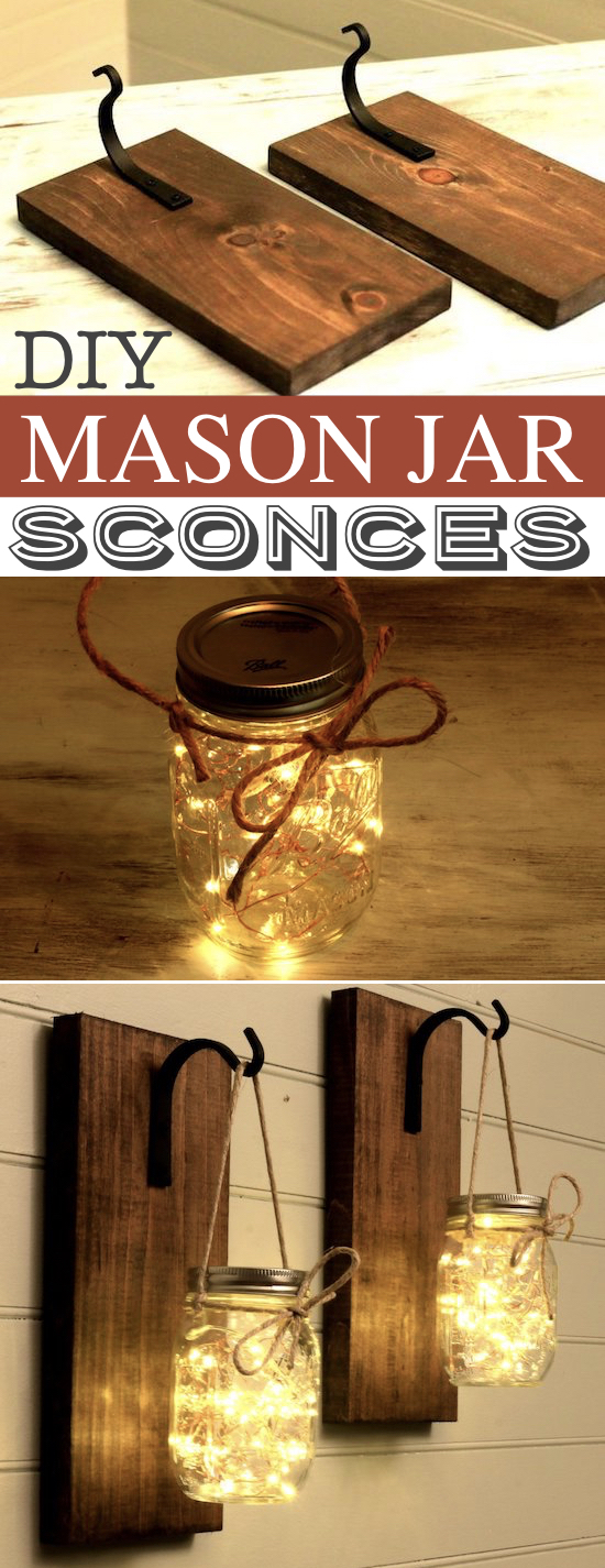 DIY Mason Jar Sconces -- A lot of DIY mason jar crafts, ideas and projects here! Some really great home decor and gift ideas. Listotic.com