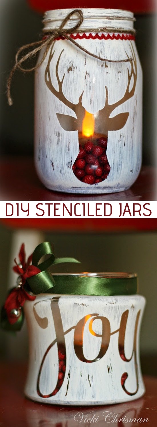 Easy DIY Rustic Christmas Home Decor Idea using jars, stencils and paint! These would make for beautiful table centerpieces or mantel displays! Listotic.com 