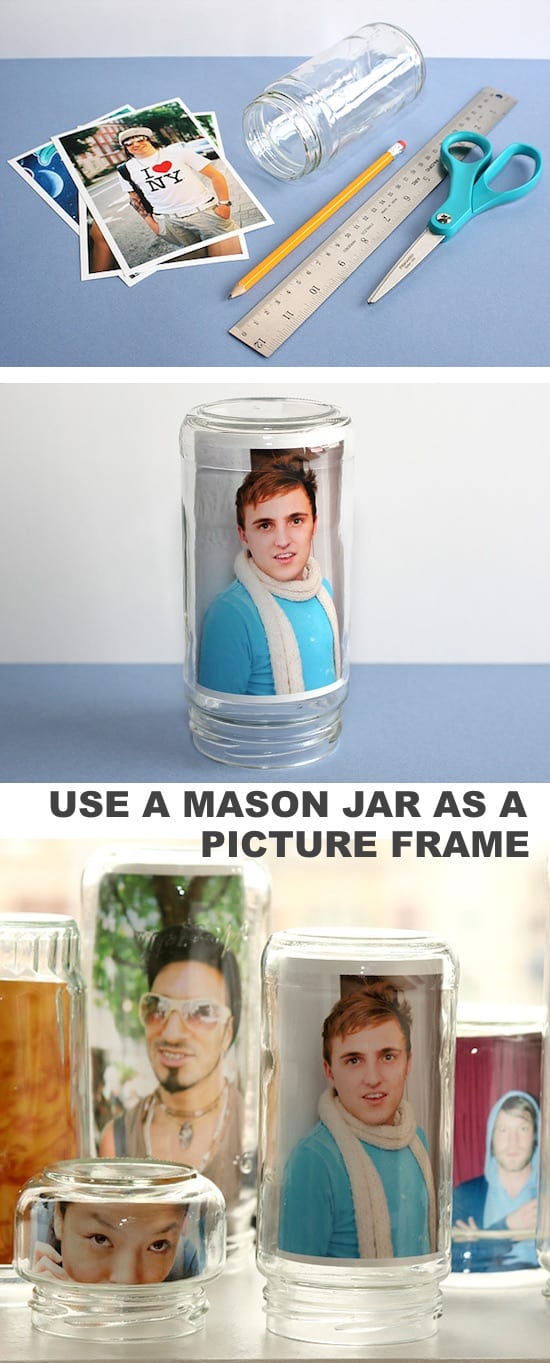 Use a mason jar as a photo frame! -- DIY mason jar crafts and ideas for Christmas, holidays, gifts, home decor and more! Kids and teens love these projects! Listotic.com