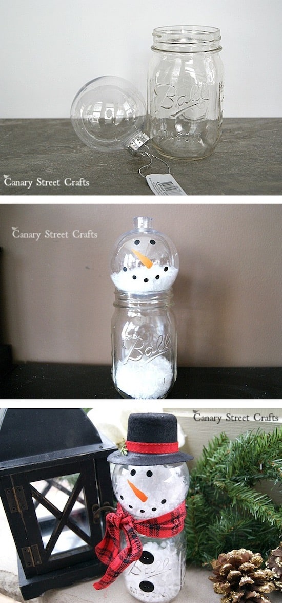 Cheap and easy DIY Christmas decor idea made out of a mason jar! This rustic snowman is the cutest thing you will ever make! Lots of mason jar ideas for Christmas, gifts, food or any DIY craft project. These would be awesome to sell at a craft fair. Listotic.com 