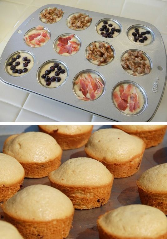 On-the-go pancake muffins. Stuff them with your favorite breakfast ingredients (bacon, sausage, fruit) + 29 other Surprise-Inside Cake & Treat Ideas!!