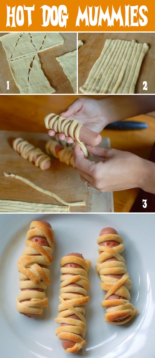 Hot dog mummies healthy Halloween snacks recipes.