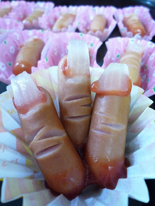 DIY hot dog fingers healthy Halloween snacks recipes.