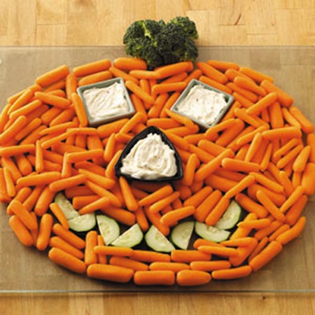Jack'o'lantern veggie platter easy recipes for a party crowd.