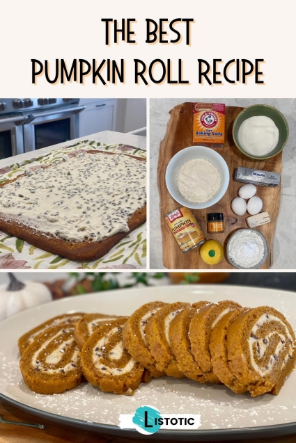 Pumpkin roll recipe with ingredients and sliced pumpkin roll