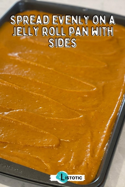 pumpkin roll batter step by step process poured into baking sheet pan