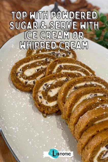 perfectly sliced pumpkin roll with cream cheese filling 