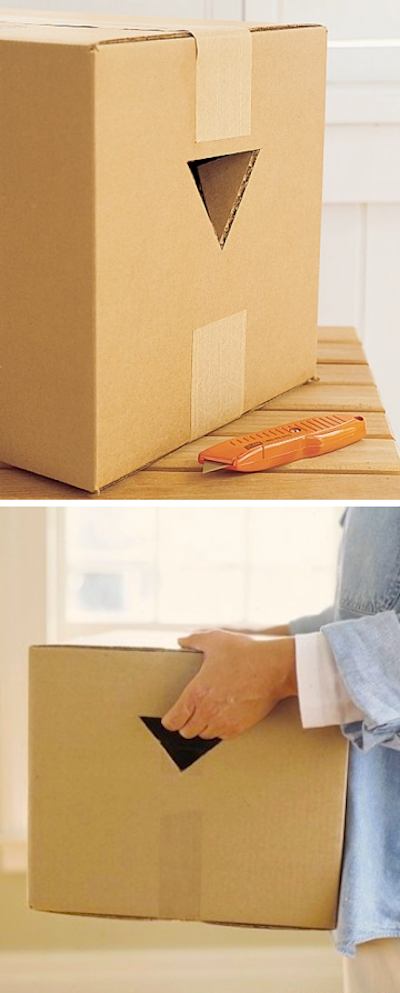 Make picking up and lifting heavy boxes a little easier by cutting handholds in two sides of the box with a utility knife! - Lots of clever moving, packing and organizing tips for houses, apartments and out of state or long distance moves! Moving into a new house? Here you will find clever moving hacks everyone should know, including a moving checklist. Listotic.com
