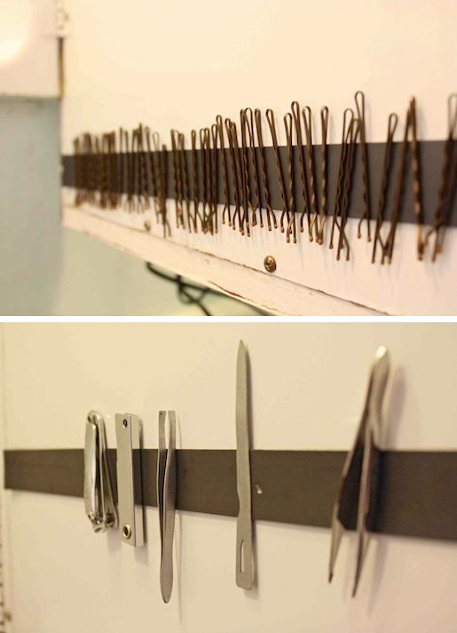 50 Genius Storage Ideas ~ Use a magnetic strip on the inside of a medicine cabinet door or in a drawer!