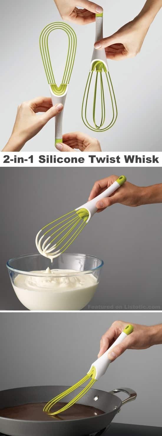 A whisk that twists for easy storage and multi-use kitchen prep. 