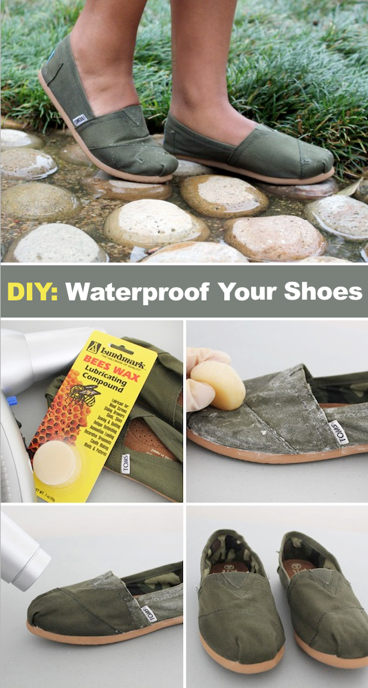 How to waterproof shoes! ~ A great list of DIY style, clothing and life hacks every girl should know! Everything from organization to bra straps! Tips for teens and women. Listotic.com