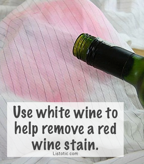red wine cleaning tip! - A great list of DIY style, clothing and life hacks every girl should know! Everything from organization to bra straps! Tips for teens and women. Listotic.com