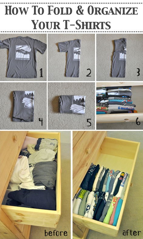 How to organize t shirts in a drawer -- A great list of DIY style, clothing and life hacks every girl should know! Everything from organization to bra straps! Tips for teens and women. Listotic.com