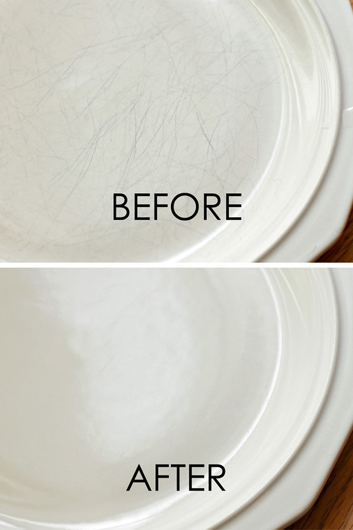 How to remove scratches off of ceramic plates, bowls and dishes. -- DIY household cleaning tips, tricks and hacks for your home bathrooms, kitchens, bedrooms, floors, furniture and more! Perfect for a lazy girl like me. Listotic.com 