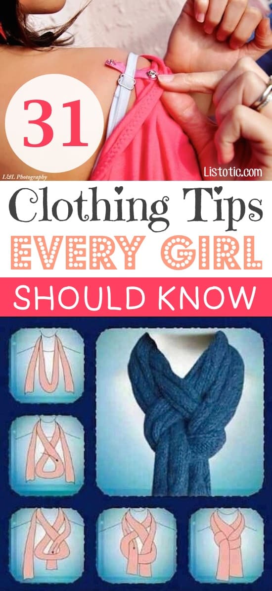 A great list of DIY style, clothing and life hacks every girl should know! Everything from organization to bra straps! Tips for teens and women. Listotic.com