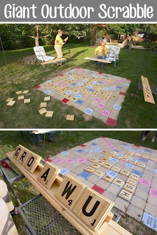 32 Of The Best DIY Backyard Games You Will Ever Play -- GIANT outdoor scrabble. Yes, please. Made with craft-store wood plaques and pavers.