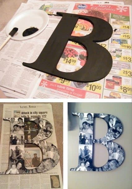 A photo collage monogram using wooden letters, pictures and mod podge