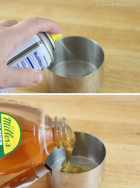 #25. Coat cups with a non-stick spray when measuring sticky stuff! ~ 36 Kitchen Tips and Tricks That Nobody Told You About