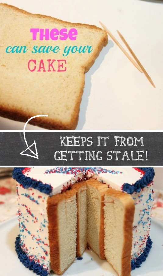 #27. Use bread to keep leftover cake soft and moist! ~ 36 Kitchen Tips and Tricks That Nobody Told You About